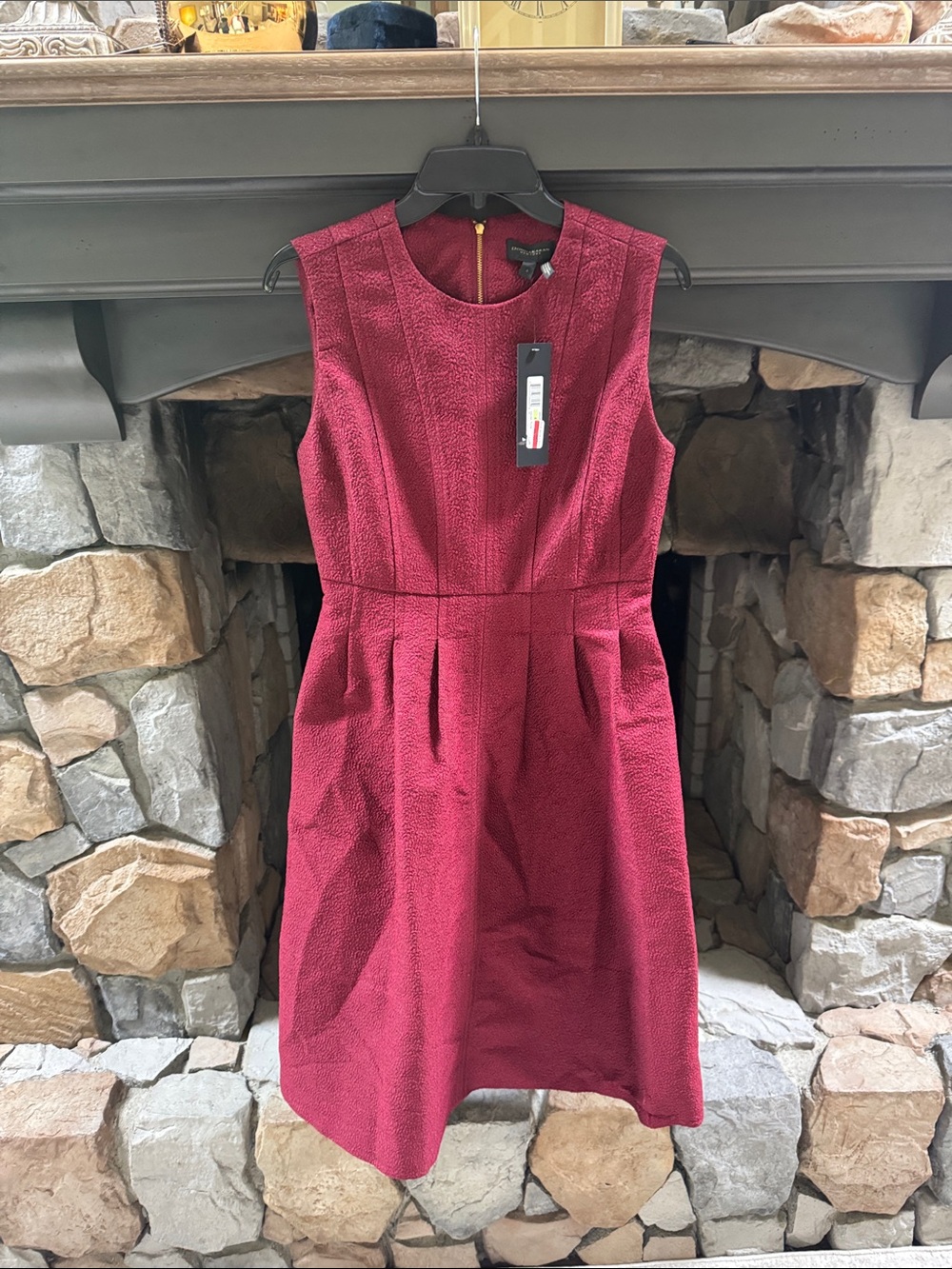 Donna Karan Sleeveless Textured Fit-and-Flare Dress in Burgundy Red